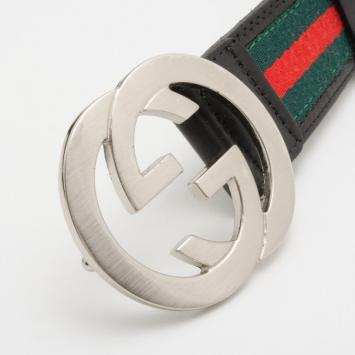 Pre Owned Gucci Striped Belt With Interlocking 'G' Buckle