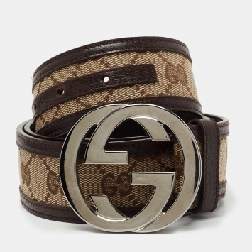 Pre Owned Gucci Beige/Brown GG Canvas and Leather Interlocking G Buckle Belt 95 CM
