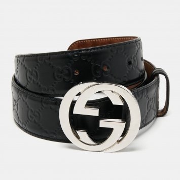 Pre Owned Gucci Black Guccissima Leather Interlocking G Buckle Belt 90 CM