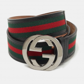 مملوكة مسبقًا Gucci Green/Red Web Fabric and Leather Interlocking G Buckle Belt 90CM