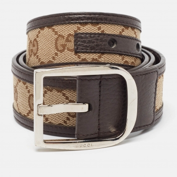 Pre Owned Gucci Dark Brown/Beige GG Canvas and Leather D Buckle Belt 95CM