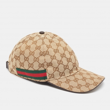 Pre Owned Gucci Beige GG Canvas Web Detail Baseball Cap XL