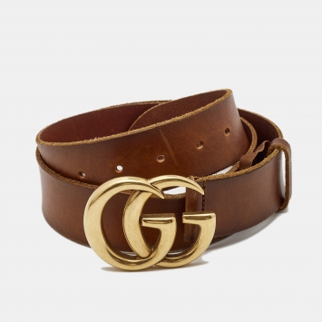 Pre Owned Gucci Brown Leather GG Marmont Buckle Belt 95CM