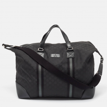 Pre Owned Gucci Black GG Nylon and Leather XL Web Duffle Bag