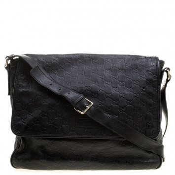 Pre Owned Gucci Black Guccissima Leather Messenger Bag