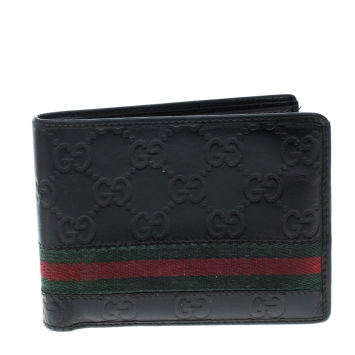 Pre Owned Gucci Black Guccissima Leather Web Bifold Wallet