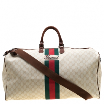 Pre Owned Gucci Light Beige GG Supreme Canvas Web Duffle Bag