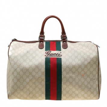 Pre Owned Gucci Light Beige GG Supreme Coated Canvas Web Duffle Bag