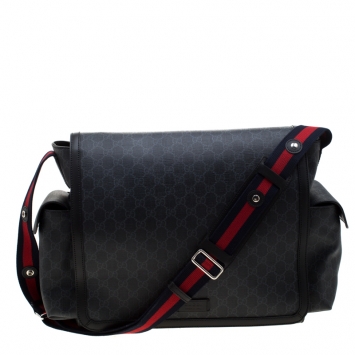 Pre Owned Gucci Black GG Supreme Canvas Web Diaper Bag
