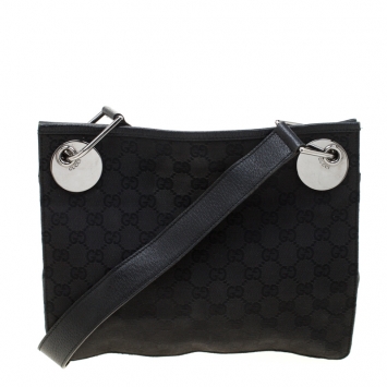 Pre Owned Gucci Black GG Canvas and Leather Messenger Bag