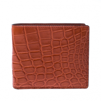 Pre Owned Gucci Orange Crocodile Bifold Wallet