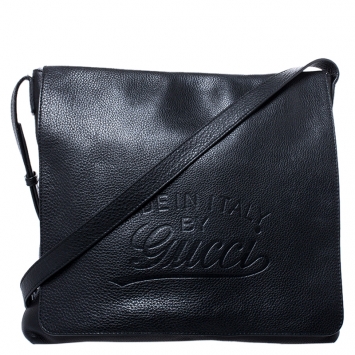 Pre Owned Gucci Black Leather Flap Messenger Bag