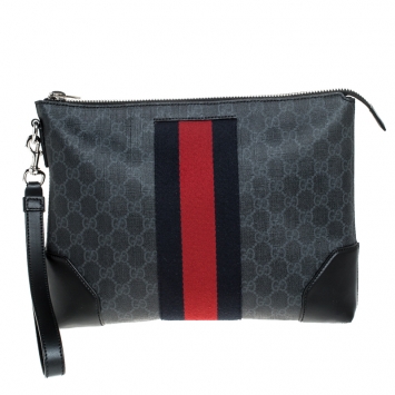 Pre Owned Gucci Black GG Supreme Coated Canvas Web Pouch