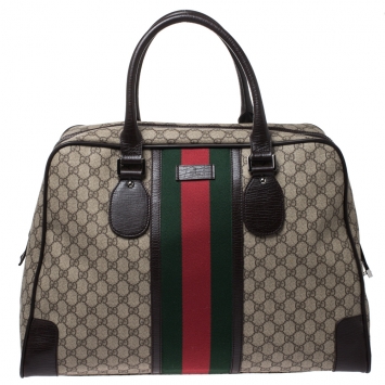 Pre Owned Gucci Brown GG Supreme Canvas Web Weekender Bag