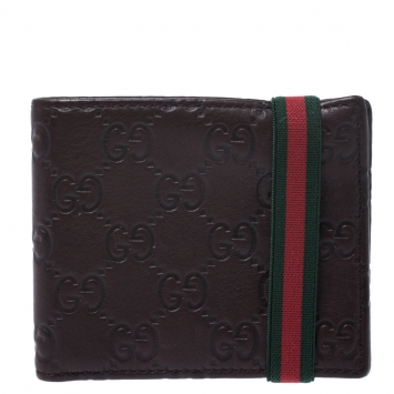 Pre Owned Gucci Dark Brown Guccissima Leather Web Bifold Wallet