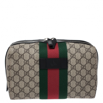 Pre Owned Gucci Beige/Balck GG Supreme Canvas and Leather Web Toiletry Pouch