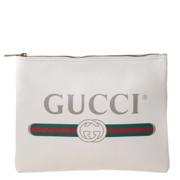 Pre Owned Gucci White Leather Logo Print Zip Pouch
