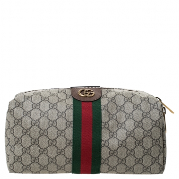 Pre Owned Gucci Beige GG Supreme Canvas Ophidia Web Toiletry Pouch