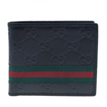 Pre Owned Gucci Black Leather Guccissima Web Bi-Fold Wallet