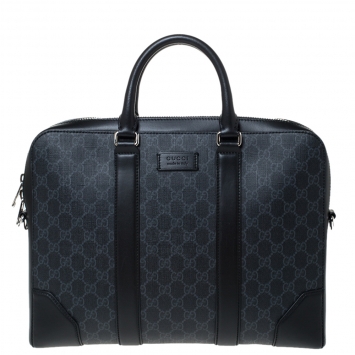 Pre Owned Gucci Black/Grey GG Supreme Canvas and Leather Briefcase