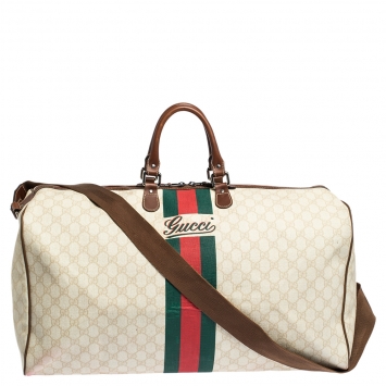 Pre Owned Gucci Ivory/Brown GG Supreme Canvas and Leather Large Web Carry On Duffel Bag