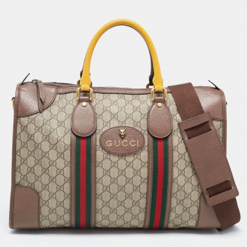 Pre Owned Gucci Brown/Beige GG Supreme Canvas and Leather Neo Vintage Web Duffle Bag