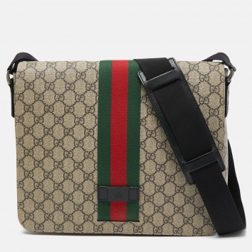 Pre Owned Gucci Beige GG Supreme Canvas Web Flap Messenger Bag