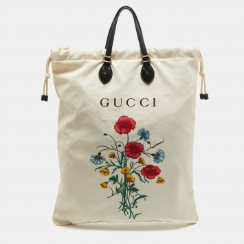 Pre Owned Gucci Off White Canvas Chateau Marmont Drawstring Laundry Tote