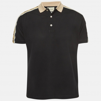 Pre Owned Gucci Black Interlocking G Logo Stripe Pique Polo T-Shirt M