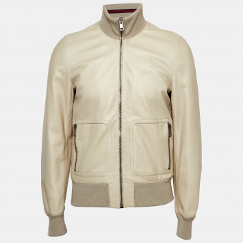 Pre Owned Gucci Beige Leather Bomber Jacket M