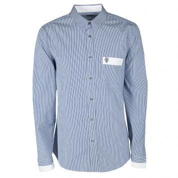 Pre Owned Gucci Blue and White Striped Cotton Logo Embroidered Pocket Detail Slim Fit Shirt 4XL