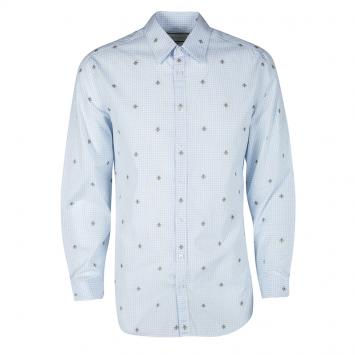 Pre Owned Gucci Blue and White Checked Bee Embroidered Button Front Long Sleeve Shirt L