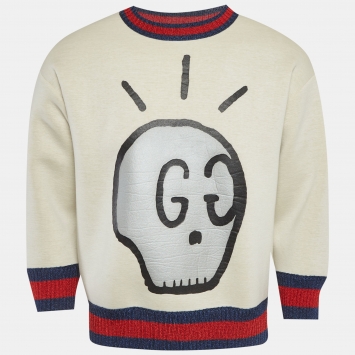 Pre Owned Gucci Beige Skull Print Neoprene Sweatshirt M