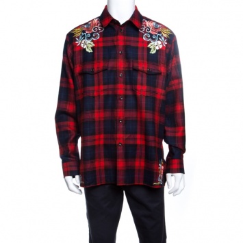 Pre Owned Gucci Red Tartan Plaid Floral and Dragon Embroidered Wool Shirt  XL