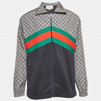 مملوكة مسبقًا Gucci Multicolor Nylon GG Supreme Web Stripe Zip Up Jacket M 