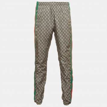 مملوكة مسبقًا Gucci Grey Synthetic GG Supreme Web Stripe Print Sweat Pants L 