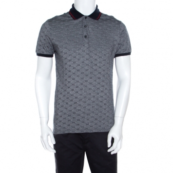 Pre Owned Gucci Navy Blue and White Monogram Jacquard Knit Polo T-Shirt L