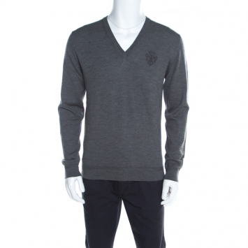 Pre Owned Gucci Grey Rib Knit Wool V Neck Long Sleeve Pullover M