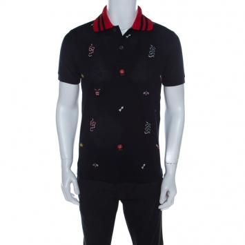 Pre Owned Gucci Navy Blue Cotton Pique Embroidery Patch Detail Polo T Shirt M 