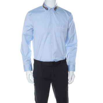 Pre Owned Gucci Light Blue Cotton Dragon Collar Embroidery Oxford Duke Shirt XL