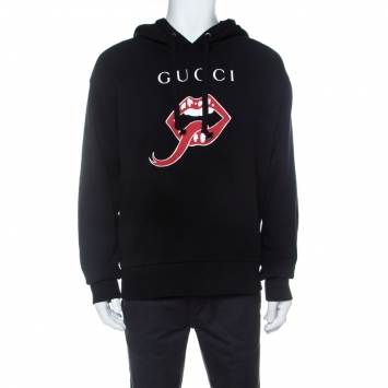 Pre Owned Gucci Black Mouth Print Cotton Hooded Sweatshirt M