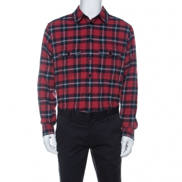 Pre Owned Gucci Red and Navy Blue Plaid Flannel Embroidered Oversized Shirt M 