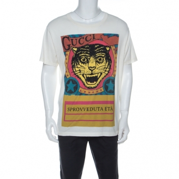 Pre Owned Gucci Off White Cotton Tiger Print Sprovveduta Eta T-Shirt L