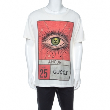 Pre Owned Gucci Off White Amour Eye Printed Cotton T Shirt L 
