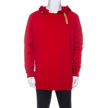 Pre Owned Gucci Red Cotton Jersey and Leather Buckle Detail Hoodie M
