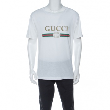 Pre Owned Gucci White Cotton Washed Out Logo Print T-Shirt M