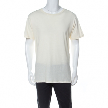 Pre Owned Gucci Cream Logo Stamp Print Cotton Distressed Detail T-Shirt M