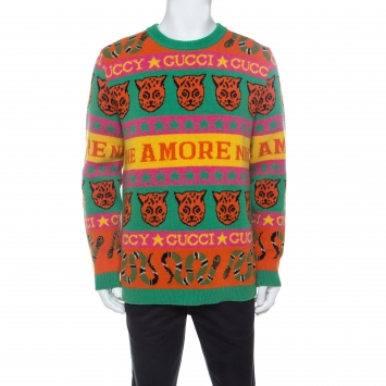Pre Owned Gucci Multicolor Wool Tiger Snake Striped Jumper S