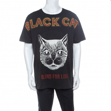 Pre Owned Gucci Charcoal Grey Cotton Worn In Effect Black Cat T-shirt L