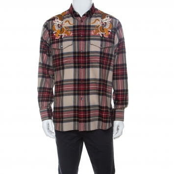 Pre Owned Gucci Red and Beige Dragon Embroidered Check Wool Shirt M